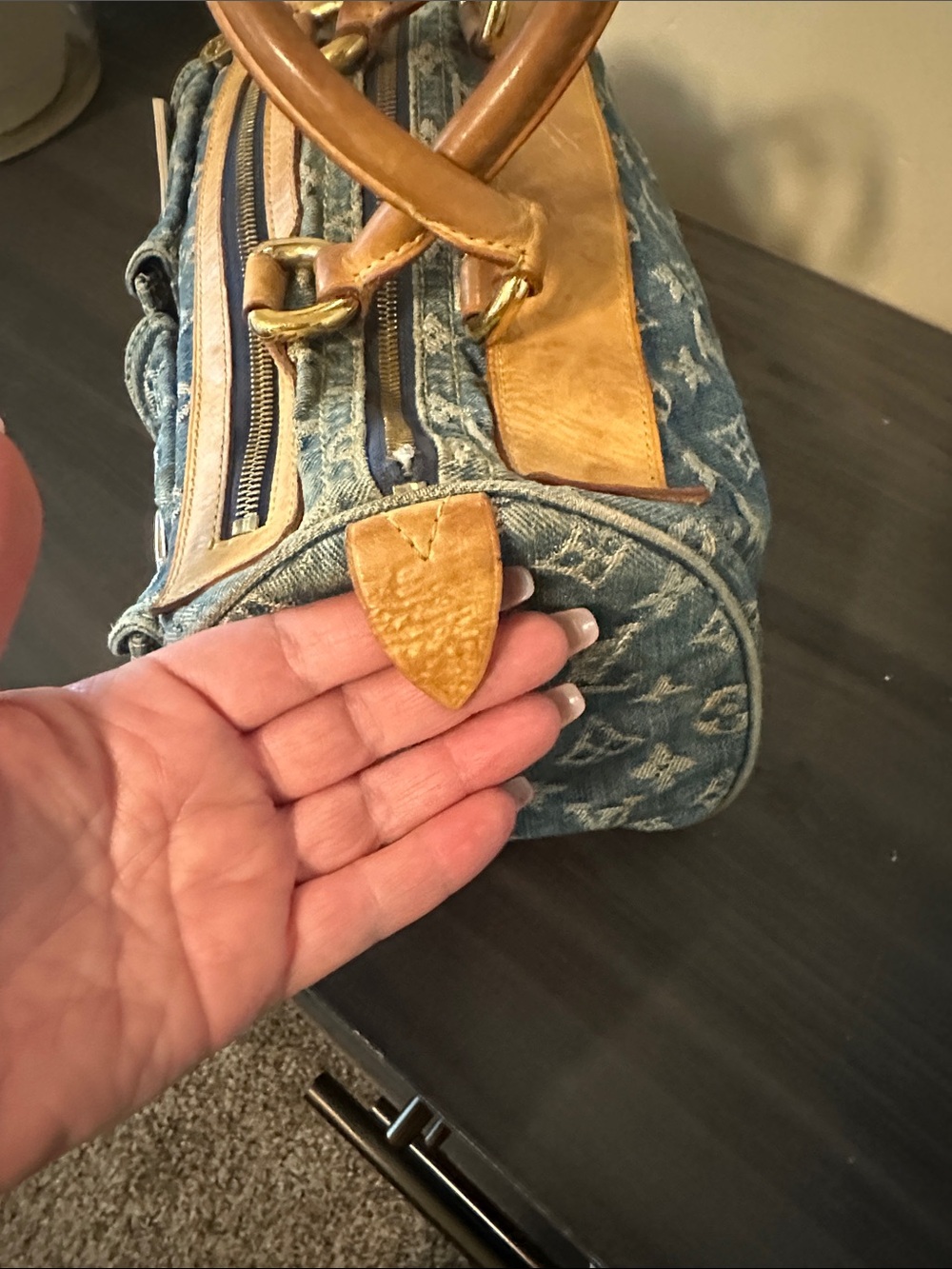 Louis Vuitton Blue Denim Speedy Monogram Satchel with Tan Leather Trim - Picture 8 of 13